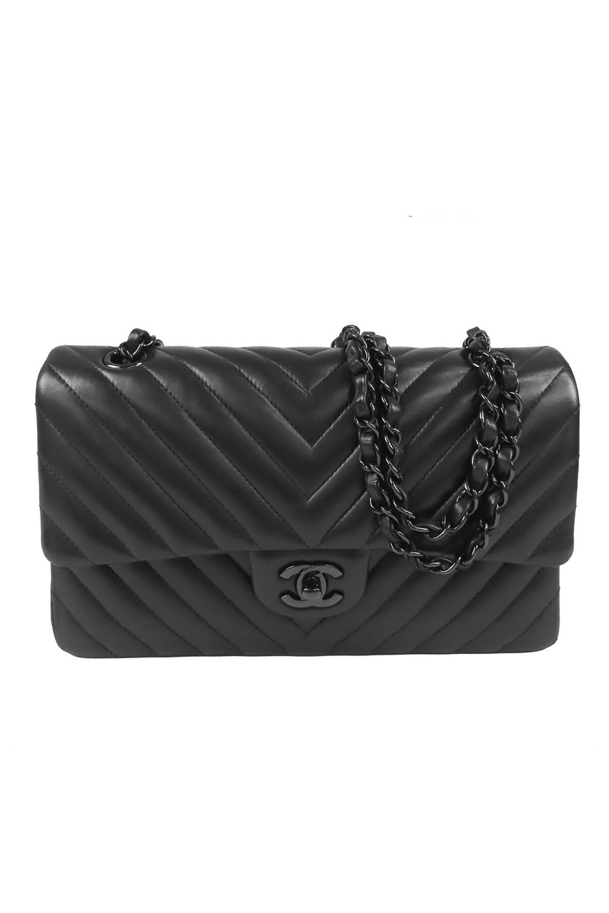 Chanel Chain Shoulder Bag So Black Lambskin Stitch 25 Double Flap
